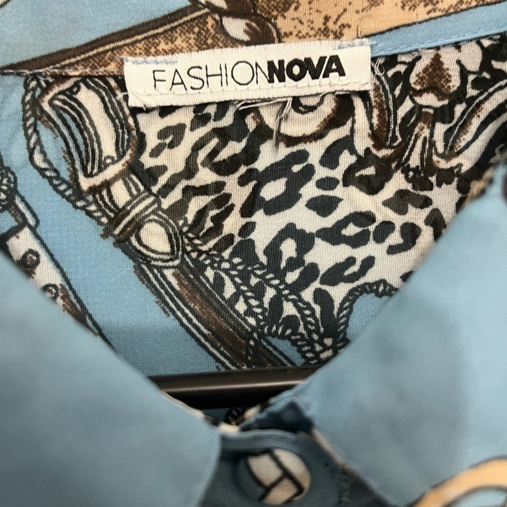 Fashion Nova Blue Chain Print Button Front Shirt Dress | Y2K - Picture 2 of 8